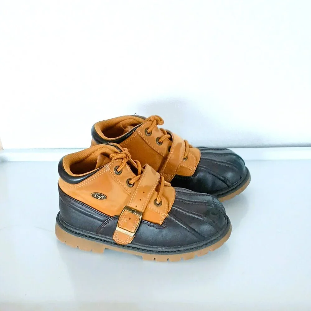 Lugz Avalanche Strap Ankle Boots 12 Kids Tan Black Faux Leather Buckle Lace Up